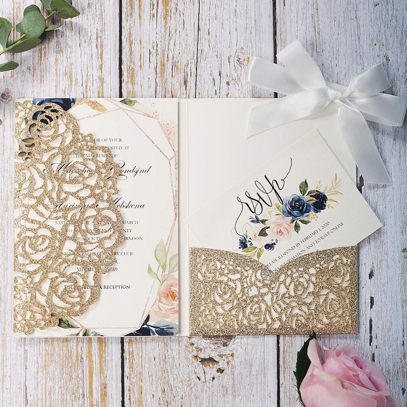 KUCHYNEE 5.1 x7.1 inch 20PCS Blank Gold Glitter Laser Cut wedding invitations with Envelopes and RSVP Hollow Rose Pocket With Ribbon Invitation Cards for Wedding Invite - Image 1